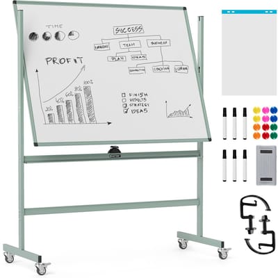 COSTWAY Dubbelzijdig mobiel whiteboard, 120 x 90 cm, in hoogte verstelbaar magnetisch whiteboard met wielen en standaard, rollend wit bord incl. accessoires voor klaslokaal, kantoor, thuis
