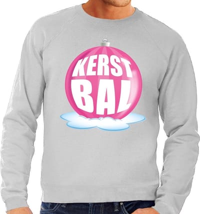 Bellatio Decorations Foute kersttrui kerstbal roze - sweater - grijs - voor heren - kerstballen trui S