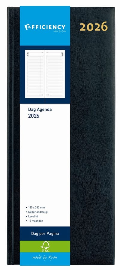 Ryam | Kantooragenda | Efficiency Lang 1 Dag NL | 2026 | Genaaid gebonden | 12 mnd | 135 x 330 mm | Zwart |