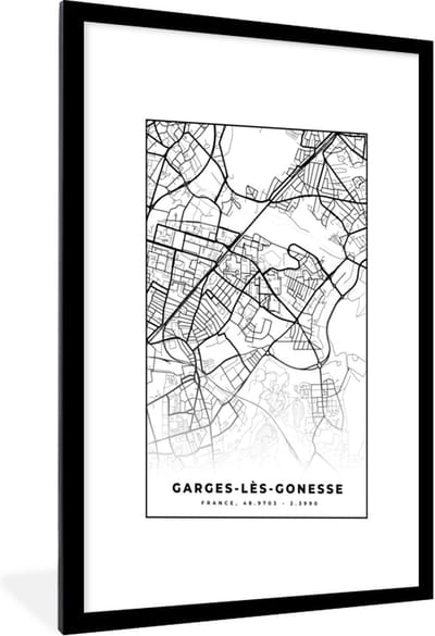 Fotolijst incl. Poster Zwart Wit- Stadskaart - Plattegrond - Kaart - Garges-lès-Gonesse - Frankrijk - Zwart wit - 60x90 cm - Posterlijst