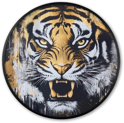 Poster in lijst Rond - Fotolijst 60x60 cm - Posters - Tijger - Verfspatten - Goud - Ronde posterlijst zwart - Decoratie - Wanddecoratie woonkamer - Muurdecoratie slaapkamer