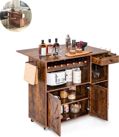 Keukeneiland - Verplaatsbaar - Keukenkast - Dressoir - Organizer - Kasten - Houten Werkblad - Lade - Bruin