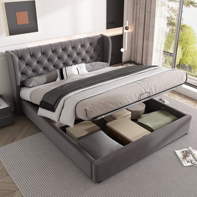 DESMIU Gestoffeerd Bed 140x200 cm – Chesterfield Tweepersoonsbed Met Opbergruimte – Hydraulisch Hefmechanisme – Zonder Matras – Fluweel – Grijs