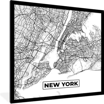 Fotolijst incl. Poster Zwart Wit- New York - Stadskaart - Zwart Wit - Plattegrond - Kaart - 40x40 cm - Posterlijst