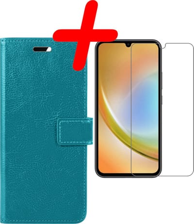 Hoesje Met Screenprotector - Geschikt voor Samsung Galaxy A34 - Luxe Pasjeshouder - Bookcase Portemonee - Flip Case - Kunstleer Book Case - Flipcase - Book Cover - Walletcase - Portemonneehoes - Turquoise