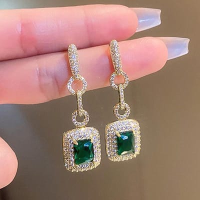 Huitan Luxe Gouden Oorbellen met Groene Kubieke Zirkonia, Lange Hangende Oorbellen voor Dames, Bruiloft, Feest, Stijlvol, Damesaccessoires, Sieraden pink