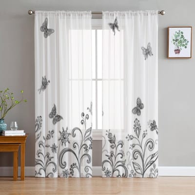 Abstracte Bloemen En Vlinders Transparante Gordijnen Voor Woonkamerraam Transparant Voile Tule Gordijn Slaapkamer Gordijnen Woondecoratie 135W x 114H(cm) white