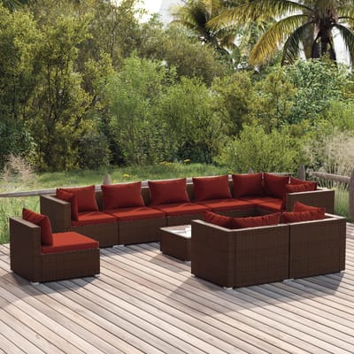 vidaXL - 10-delige - Loungeset - met - kussens - poly - rattan - bruin