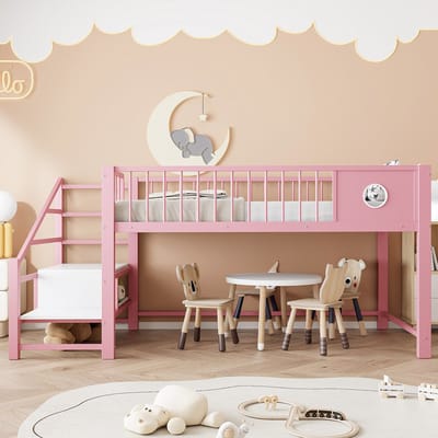 VVBV Laag Hoogslaper 90x200 cm met Opbergtrap, Voor Kinderen/Tieners - Opbergruimte - Metaal Roze
