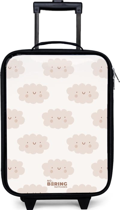 NoBoringSuitcases.com® - Kinderkoffer jongen - Kindertrolley meisje - Vrolijke wolkjes met gezichtjes op crèmekleurige achtergrond - Koffer kind lichtgewicht - Reiskoffer trolley voor kinderen - Koffertje met lichtgevende wieltjes - Rolkoffer zwart