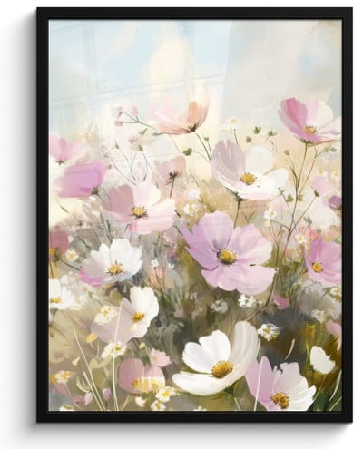 Poster in lijst - Fotolijst 50x70 cm - Posters - Bloemenveld - Lichte tinten - Geschilderd - Posterlijst zwart - Decoratie - Wanddecoratie woonkamer - Muurdecoratie slaapkamer