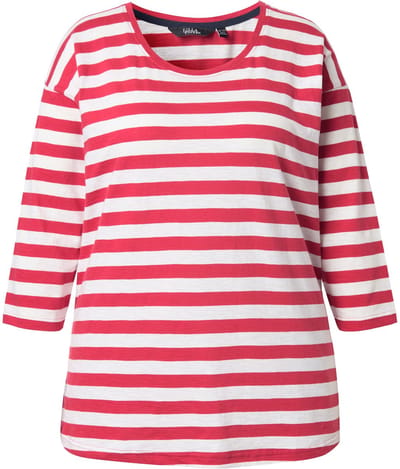 Ulla Popken - Dames - T-shirt strepen oversized ronde hals lange mouwen - Robijnrood - Maat 46+