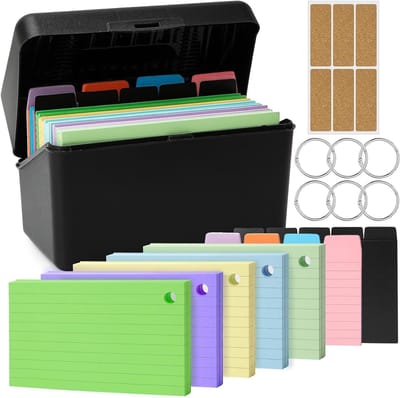 Educatieve Kaartdoos Zwart met 350 Kaarten, 6 Ringen, 5 Scheidingskaarten en Leerstickers voor Reizen en Schoolmateriaal