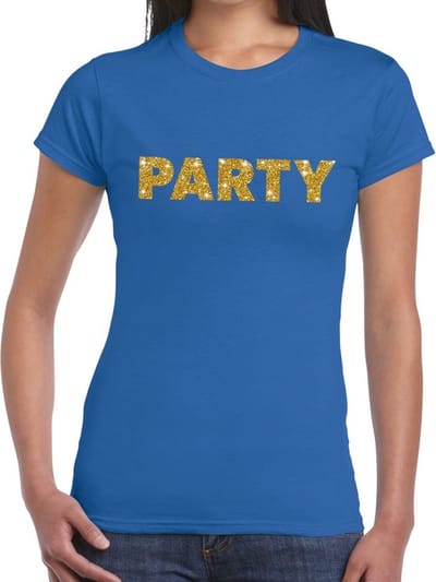 Party goud glitter tekst t-shirt blauw voor dames XS