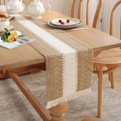 Tafelloper, wit met kwastjes, 180 x 30 cm, gehaakte kant, boho voor decoratie, bruiloft, feest, eettafel, afwasbaar, wit