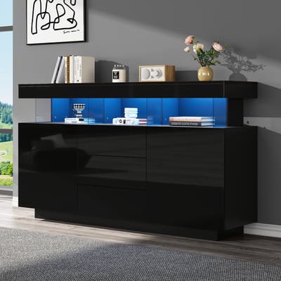 PHOEBE CAT Dressoir - Halmeubel - Hoogglans - LED-verlichting - 3 lades - Zwart