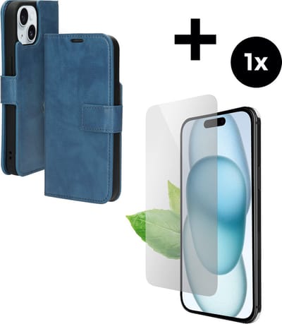 Mobiparts Classic Wallet hoesje geschikt voor Apple iPhone 15 met 1 Screenprotector van Gerecycled Gehard Glas - Blauw