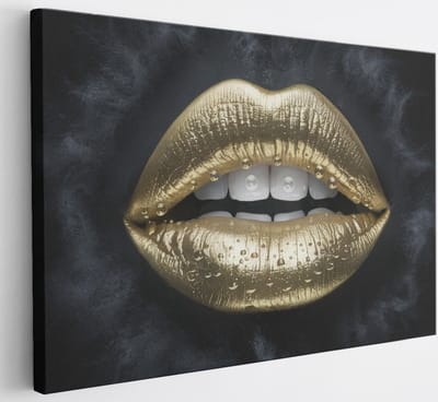 Saammp Canvas Schilderij - Goude Lippen - Abstract - 30x20 - Foto op canvas - Wanddecoratie - Muurdecoratie Woonkamer - Slaapkamer decoratie - Canvas Print