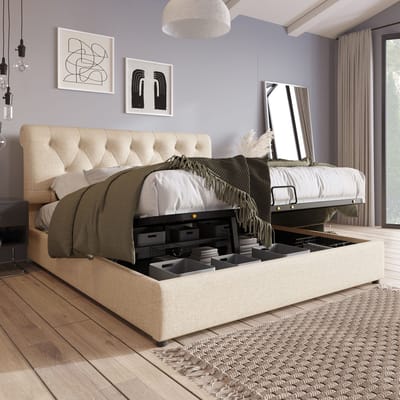 MEUNIQ tweepersoons bedframe 160x200 cm met opbergruimte, verstelbaar hoofdeinde, lattenbodem met metalen frame, stof, naturel, slaapkamer