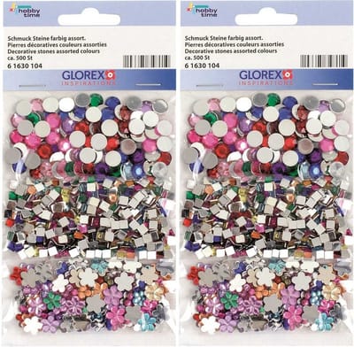 Glorex Plak - strass steentjes - 1000x - gekleurd - rond, vierkant en bloem - plaksteentjes