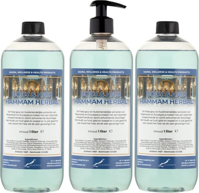 Body & Hair Hammam Herbal 1 Liter - met gratis pomp - set van 3 stuks - 2 in 1 voor lichaam en haar.