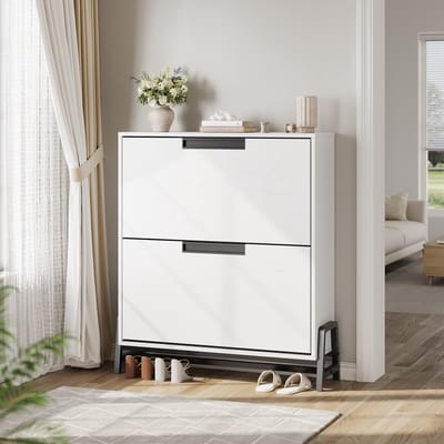 Schoenenkast met 2 Kleppen - 80x24x94cm - Schoenenrek - Schoenenmeubel Smal - 2 Lagen - Verstelbare Planken - Metalen Onderstel - Vrijstaand - Voor Hal Woonkamer Entree - Wit