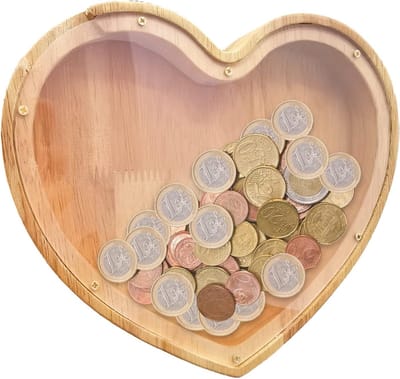 Dailygoods- Spaarpot Houten - Gepersonaliseerd Hartvormig - Transparant Venster - Decoratie voor Slaapkamer - Opberger voor Munten - Geschikt voor Kinderen - Besparingspot