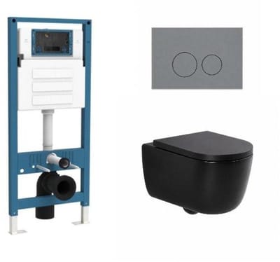 QeramiQ Dely Swirl Toiletset - inbouwreservoir Qeramiq Flush - 35mm zitting - kunststof licht grijs bedieningsplaat - ronde knoppen - mat zwart