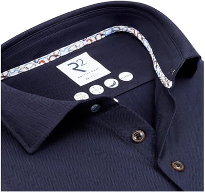 R2 Knitted Travel Overhemd Herringbone Donkerblauw (navy) - Maat 38 - Heren - Overhemden Formeel