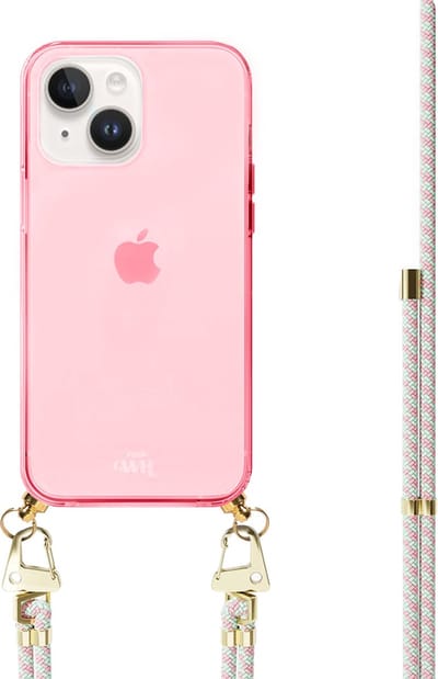 xoxo Wildhearts silicone case met koord - Roze telefoonhoesje met koord - telefoonketting - Aqua Pink - Cord Case - geschikt voor Apple iPhone 13 - Lichtblauw / Roze gestreept koord