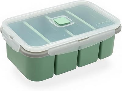 Vriescontainer van siliconen met deksel voor soep, bouillon en sauzen - Vacuümdichte voedselopslag voor maaltijdvoorbereiding en keukenorganisatie (groen, 4 vakken)