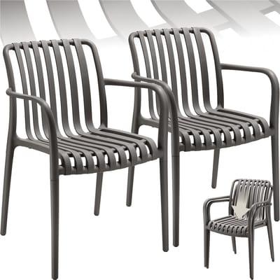 tectake® Set van 2 Tuinstoelen Alcudia - Antraciet - Kunststof Stoelen met Armleuning - Tuinset voor om de Tuintafel of op de Camping Stapelbaar - Stoelen voor Tuin, Terras of Balkon - Weerbestendig en UV-bestendig - Draagkracht 120kg per Tuinstoel