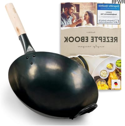 RFWR® Koolstofstalen Wok met Ronde Bodem 36 cm - Voor Gasfornuis en Grill - Inclusief Gratis Recepten eBook