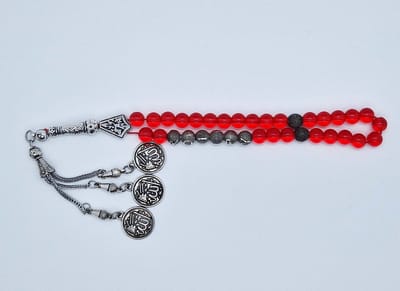 Handgemaakte naam tasbih 33 Kralen Natuursteen “ Rode kwarts” - met metaal tassel “Allah jala jalaluh"- Met je naam of de naam van uw geliefde- 8 mm diameter van de korrel