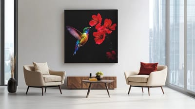 Vierkant Canvas Schilderij Kolibrie met Rode Bloemen - Kleurrijke Vogel - Wanddecoratie Woonkamer - 40 x 40 cm