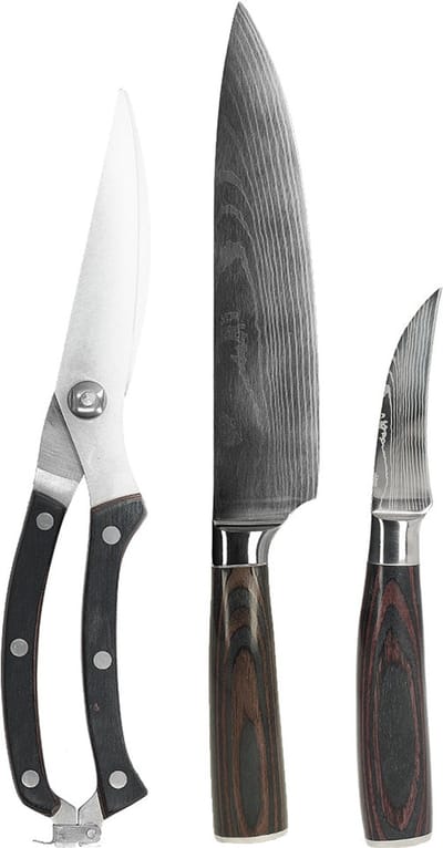 Shinrai Knives - Damascus Print 3-delige Outdoor Messenset - Wildschaar - Koksmes - Tourneermes - Vlijmscherp - Luxe Cadeaubox - Keukenmessen
