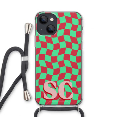 Gepersonaliseerd - Case Company® - Hoesje met koord geschikt voor iPhone 13 mini hoesje met Koord - Grid Monogram - Telefoonhoesje met Zwart Koord - Extra Bescherming aan alle Kanten en Over de Schermrand