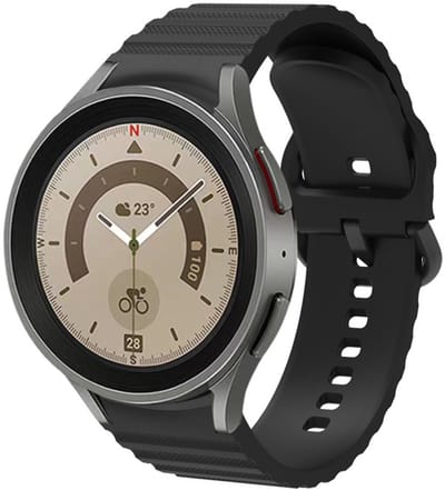 Siliconen wave bandje - geschikt voor Samsung Galaxy Watch 7 (40 & 44mm) / Watch 6 (Classic) / Watch 5 (Pro) / Watch 4 (Classic) / Watch FE - gespsluiting - zwart