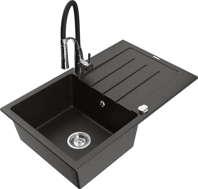 Mexen Bruno granieten gootsteen met 1 kom, afdruiprek en keukenmengkraan Aster, zwart/goud metallic - 6513-75-73450-07