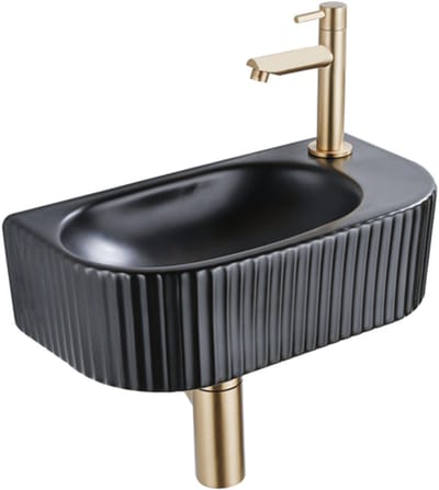 QeramiQ Fuente fonteinset – halfrond – 40x21.5x12 cm – kraangat rechts – geborsteld gouden kraan – geribbeld