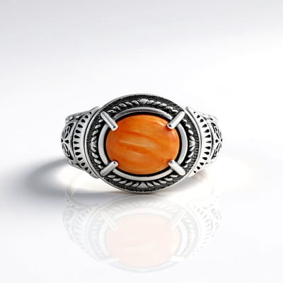 Cavill - Zilveren Ring 925 Sterling Geoxideerd - Oranje Stekelige Oester 2,115 ct - Ovaal Cabochon - Handgemaakt - Mexicaanse Edelsteen