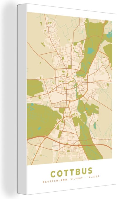 Canvas Schilderij Plattegrond - Cottbus - Vintage - Kaart - Stadskaart - 20x30 cm - Wanddecoratie