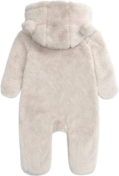 Kinderbodysuit van pluche - Bodysuit met capuchon, rits en lange mouwen en pluchen berenoren - Warme bodysuit met capuchon - Winteroutfitset - Beige - 9