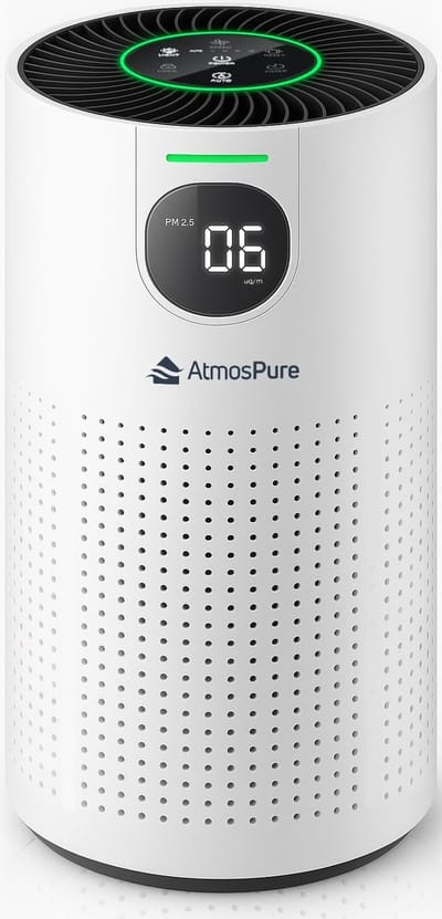 AtmosPure® CleanAir Luchtreiniger - Air Purifier met vervangbaar HEPA 13 + Koolstof filter - CADR 250 m³/h - Wit - Voor 98 m² - Filtert pollen, huisstofmijtallergenen en fijnstof - 3 standen + stille slaapstand - Luchtkwaliteit Sensor