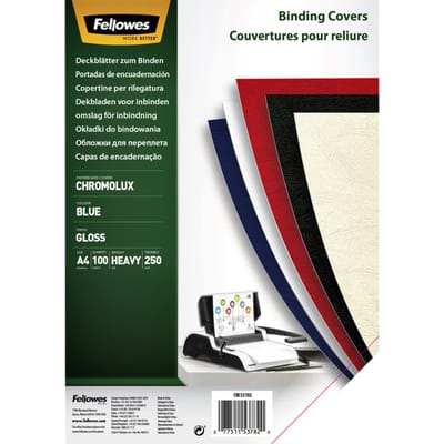 Fellowes dekblad Chromolux, karton, A4, voor draad- en plasticinbindmachines, blauw, 250 g, 100 stuks