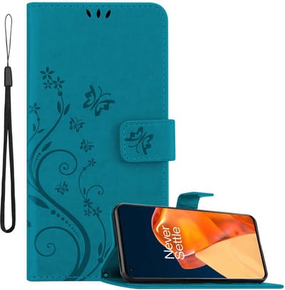 Cadorabo Hoesje geschikt voor OnePlus 9 PRO in BLOEMEN BLAUW - Beschermhoes in bloemmotief met magnetische sluiting, standfunctie en kaartsleuven Book Case Cover Etui