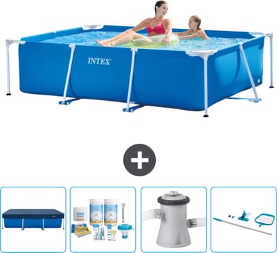 Intex Rechthoekig Frame Zwembad - 220 x 150 x 60 cm - Blauw - Inclusief Afdekzeil - Onderhoudspakket - Zwembadfilterpomp - Schoonmaakset