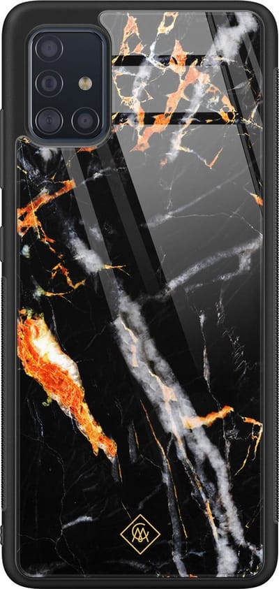 Casimoda® hoesje - Geschikt voor Samsung Galaxy A71 - Marmer Zwart Oranje - Luxe Hard Case Zwart - Backcover telefoonhoesje - Zwart