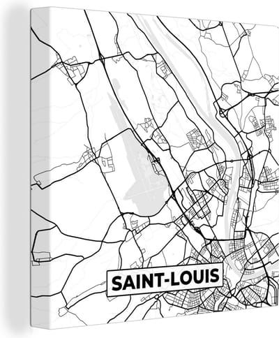 Canvas Schilderij Kaart - Saint-Louis - Stadskaart - Frankrijk - Plattegrond - Zwart wit - 20x20 cm - Wanddecoratie