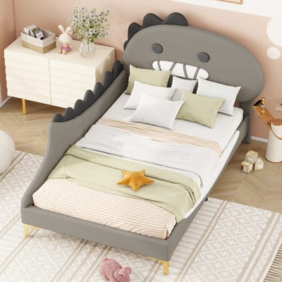 Sweiko 90*200cm Kinderbed, Cartoon Dinosaurus vorm, Tweepersoonsbed, Plat bed, PU materiaal, Grijs